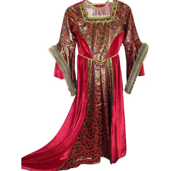 Queen Isabella Red Velvet Gold Brocade Jeweled Medieval Dress